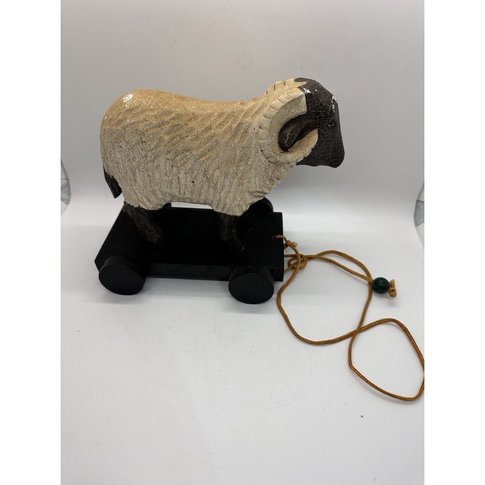 Vintage Wooden Ram‎ Sheep Pull Toy Carved Folk Art On Wheels Rustic Decor